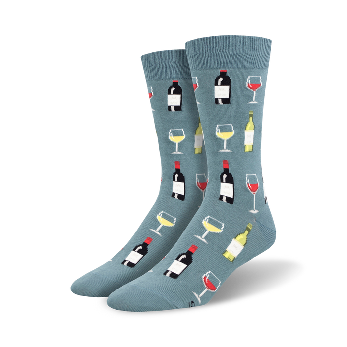 blue crew socks with a pattern of wine bottles and wine glasses.  