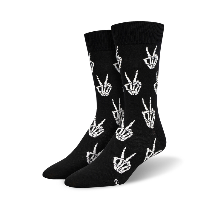 black crew socks with white skeleton hand peace signs for men, perfect for halloween.    }}
