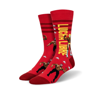 lucha libre crew socks: red socks featuring a colorful pattern of mexican wrestlers in various poses.   