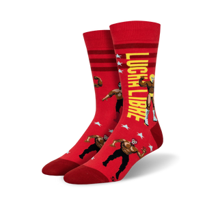 A pair of red Lucha Libre socks shown against a white background.  Same design as the blue pair but in red.