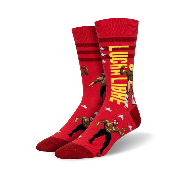 lucha libre crew socks: red socks featuring a colorful pattern of mexican wrestlers in various poses.   