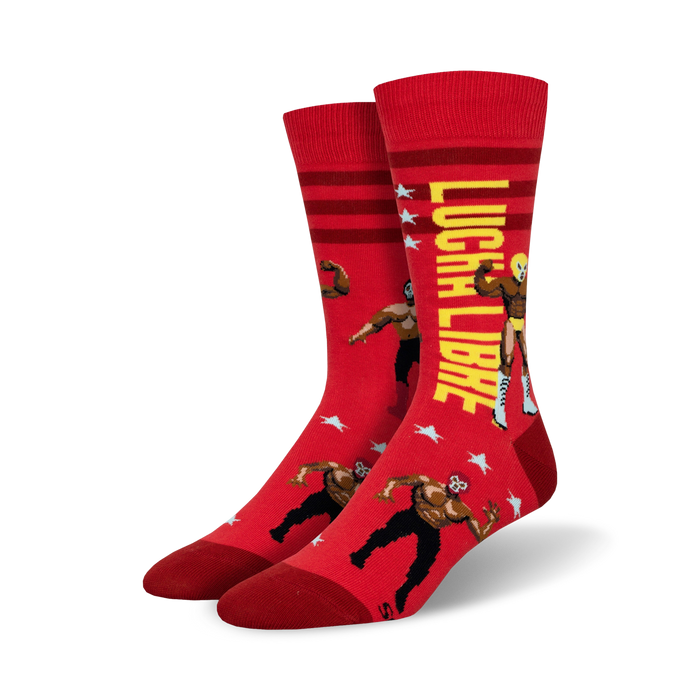 A pair of red Lucha Libre socks shown against a white background.  Same design as the blue pair but in red.