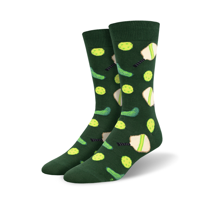 dark green crew socks with dill pickle and pickleball paddle pattern.    }}