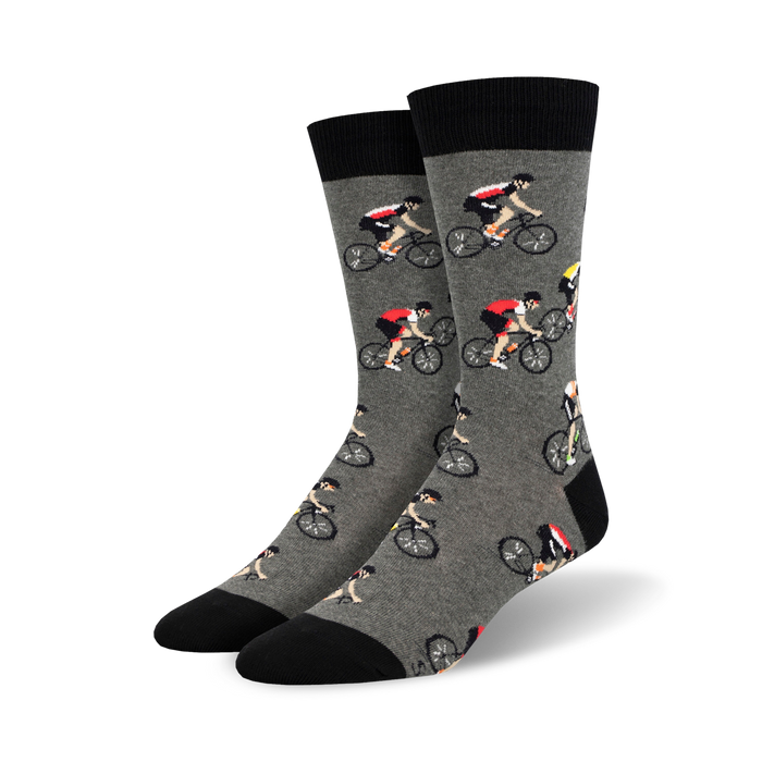 Pair of crew socks; gray with repeating cyclist pattern, black cuffs; or light blue with navy cuffs and same cyclist pattern.