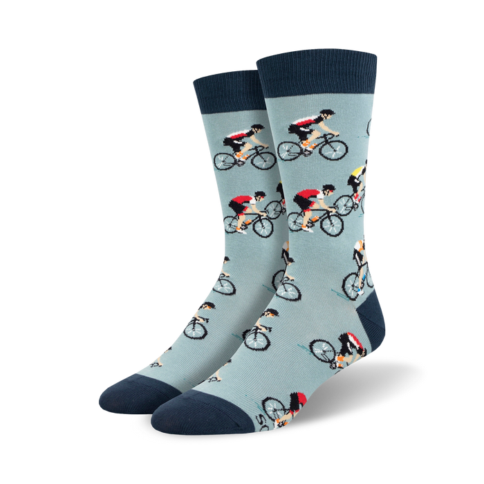 light blue cycling crew socks with multi-colored jerseyed cyclists design; perfect for the avid bike rider.    
