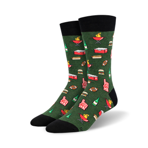 mens' crew socks with footballs, beer bottles, hot dogs, and grills on a green background.  