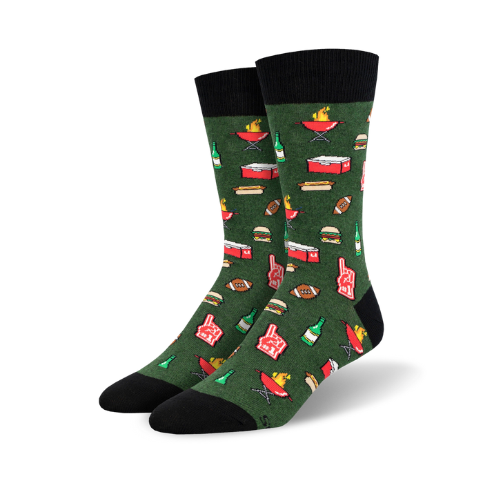 mens' crew socks with footballs, beer bottles, hot dogs, and grills on a green background.  