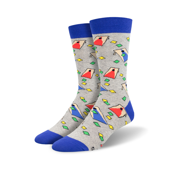 crew length socks with a pattern of cornhole boards and bean bags in red, blue, yellow, green, and orange.    }}