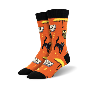 orange crew socks with black cat, owl, lightning bolt, and friday the 13th patterns for halloween festivities.  