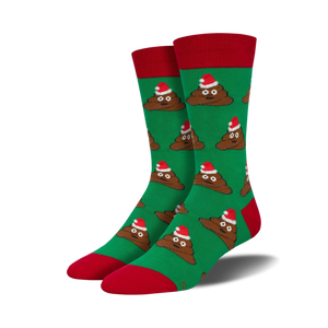 Pair of crew socks; green background, brown poop emojis wearing Santa hats; red cuffs.