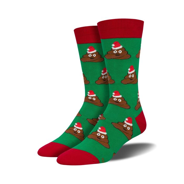 green crew socks with cartoonish brown poop wearing red santa hats and white pom poms, perfect for men during christmas.   