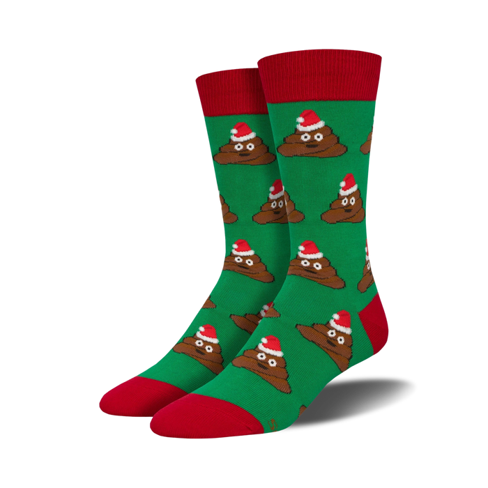 Pair of crew socks; green background, brown poop emojis wearing Santa hats; red cuffs.