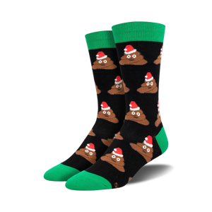 black crew socks with cartoon brown poop wearing red santa hats with white trim and green toes and cuffs.   