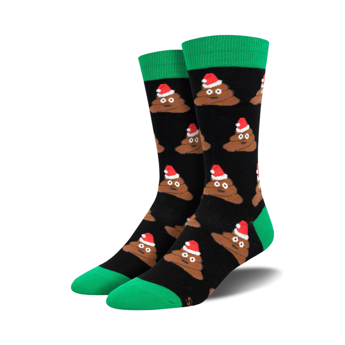 black crew socks with cartoon brown poop wearing red santa hats with white trim and green toes and cuffs.   