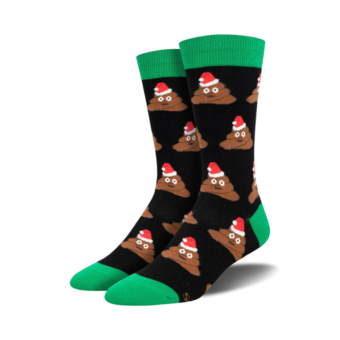 Close-up view of black Jolly Poo socks featuring brown poop emojis wearing Santa hats.