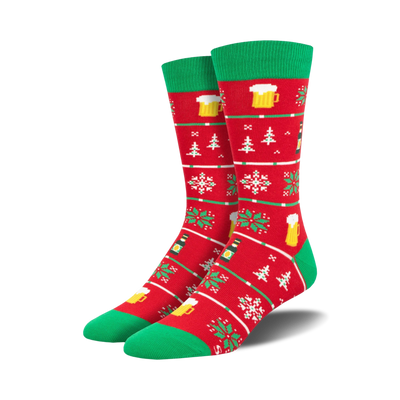 Pair of crew socks in red and green. Design includes beer mugs, snowflakes, and Christmas trees in a festive knit pattern.