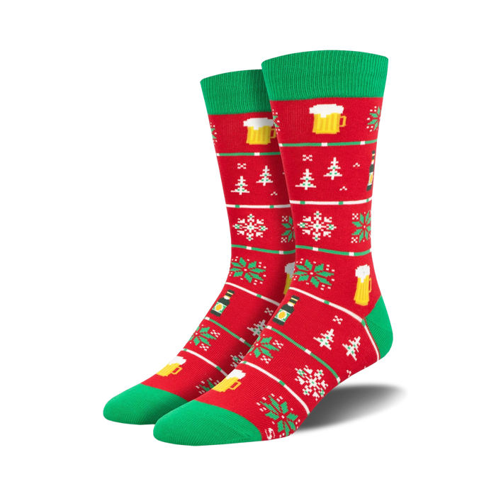  men's christmas crew socks with red, green, and white snowflakes, pine trees, and beer bottles.    }}
