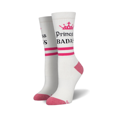 Pair of white crew socks with hot pink stripes and a crown design. Text reads 'Princess Badass'.