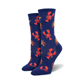 dark blue womens' crew socks with red lobsters, blue crabs, and yellow shrimp pattern.  