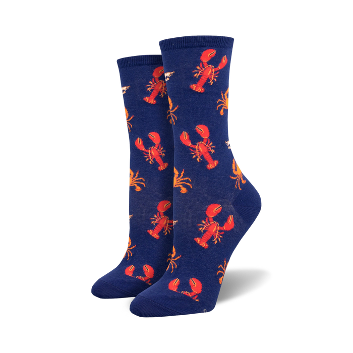 dark blue womens' crew socks with red lobsters, blue crabs, and yellow shrimp pattern.   }}