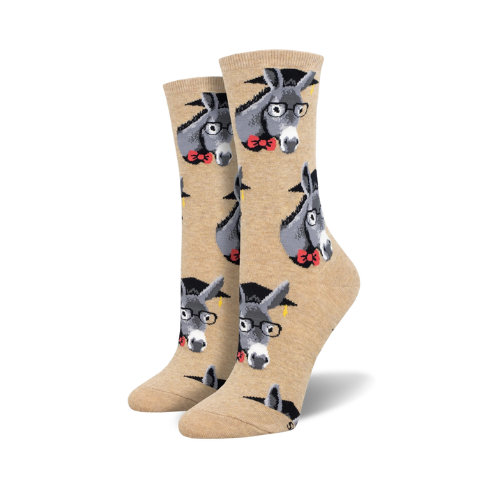 A pair of tan crew socks with a repeating pattern of gray donkeys wearing graduation caps and glasses. }}