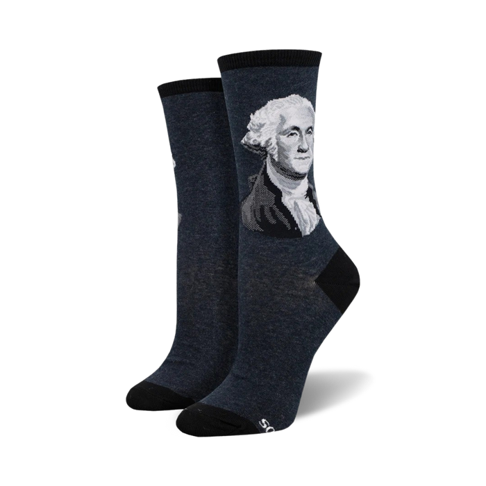 Pair of navy blue crew socks featuring a grayscale portrait of George Washington. The socks have a black cuff. }}