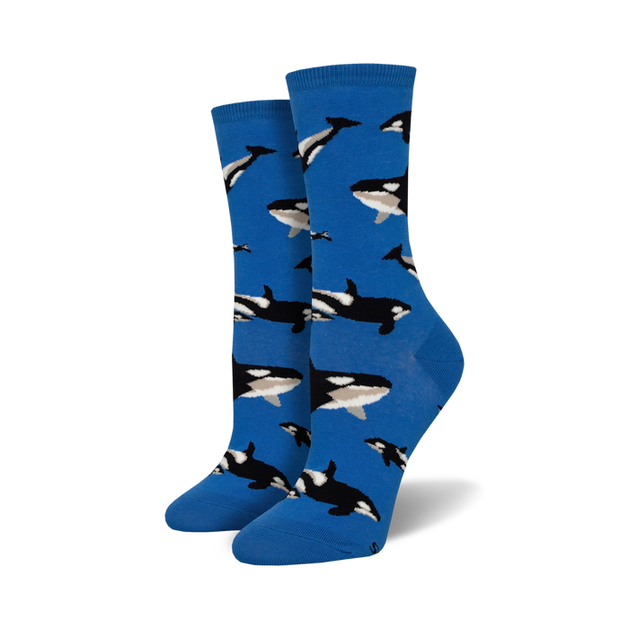 blue orca pattern crew socks for women.   }}