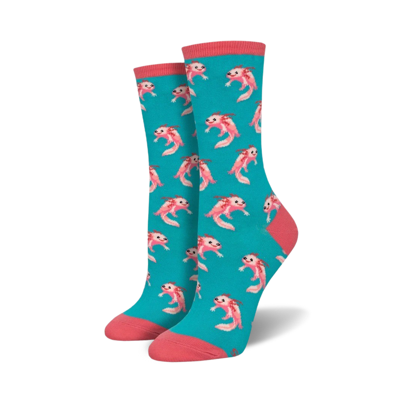 Pair of teal crew socks with a repeating pattern of pink axolotls. Coral-pink cuffs.