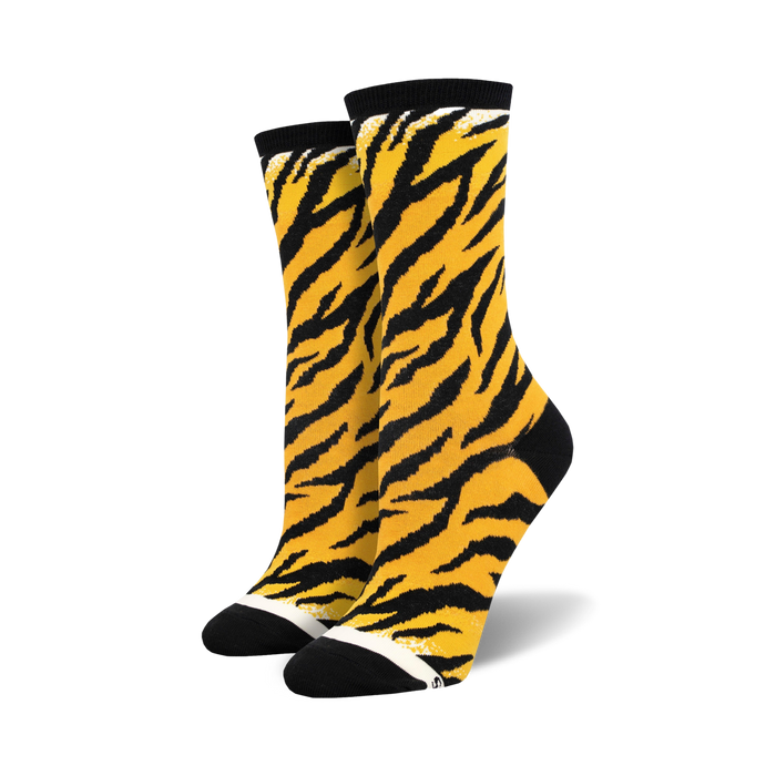 orange and black tiger stripe pattern crew socks. perfect for women's fashion.    }}