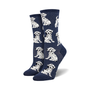 Lifestyle shot showing the navy blue Dalmatian socks on a model's feet.