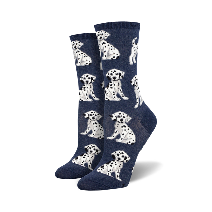Lifestyle shot showing the navy blue Dalmatian socks on a model's feet.