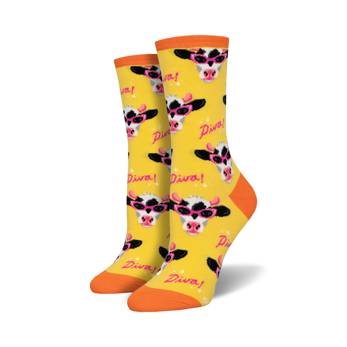 yellow crew socks with cartoon cows in pink sunglasses.   