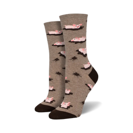 womens mid-calf crew socks with cartoon pigs laying in mud puddles.   
