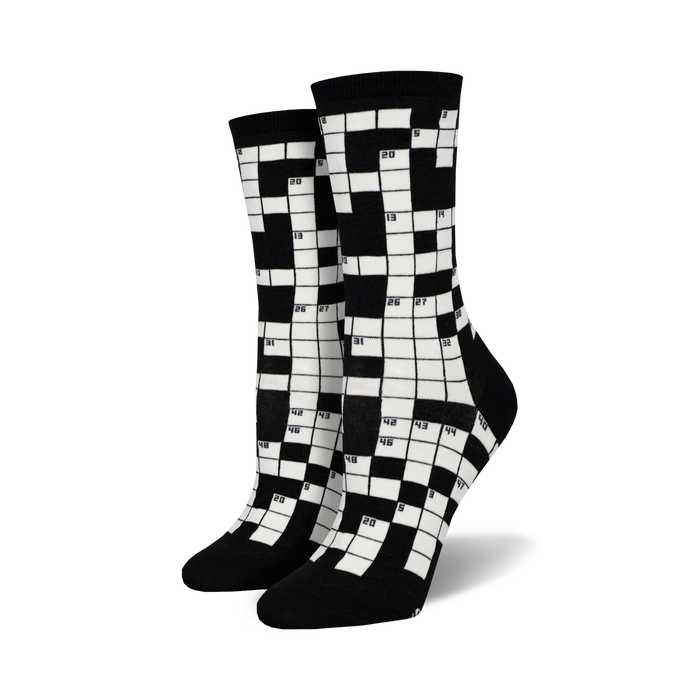 black women's crew socks featuring a crossword puzzle pattern in white.    }}