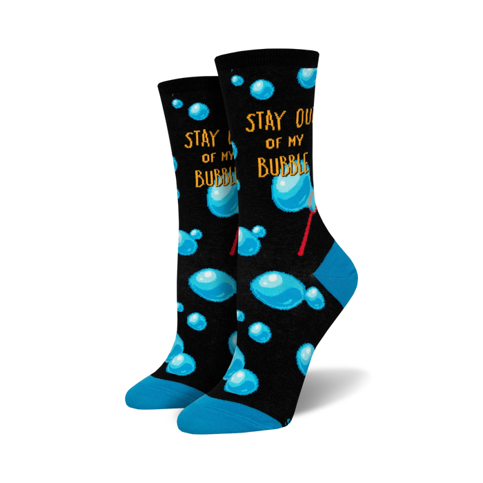 Pair of crew socks with a black background, light-blue bubbles, and the phrase 'Stay Out Of My Bubble'. }}