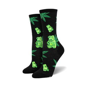 Lifestyle shot showing the black Weed Gummies socks on a person's feet.