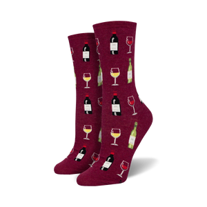 Pair of women's crew socks. Burgundy background with repeating pattern of wine bottles and glasses.