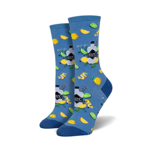Pair of crew socks in blue and green, featuring a whimsical pattern of gin bottles, lemons, limes, and botanicals.