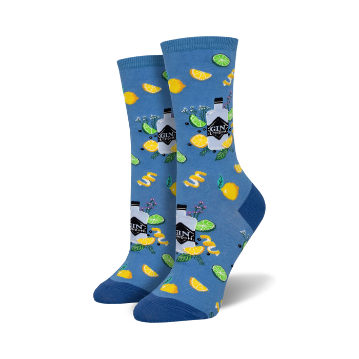 Pair of crew socks in blue and green, featuring a whimsical pattern of gin bottles, lemons, limes, and botanicals.