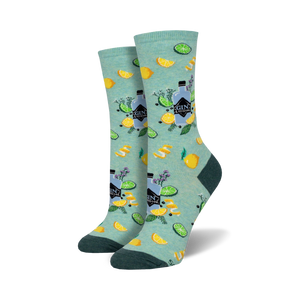 Lifestyle shot showing the teal 'Gin It To Win It' socks on a model's feet, highlighting their fit and pattern.
