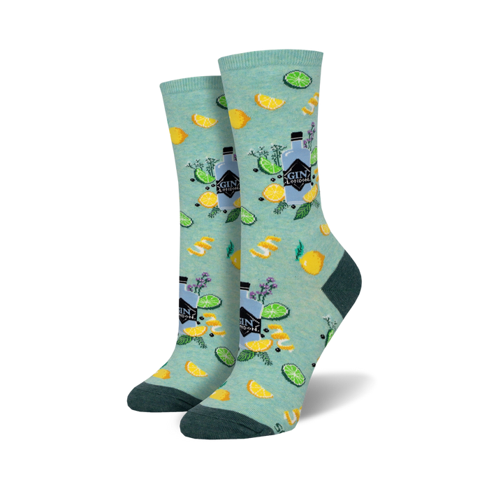 Lifestyle shot showing the teal 'Gin It To Win It' socks on a model's feet, highlighting their fit and pattern.