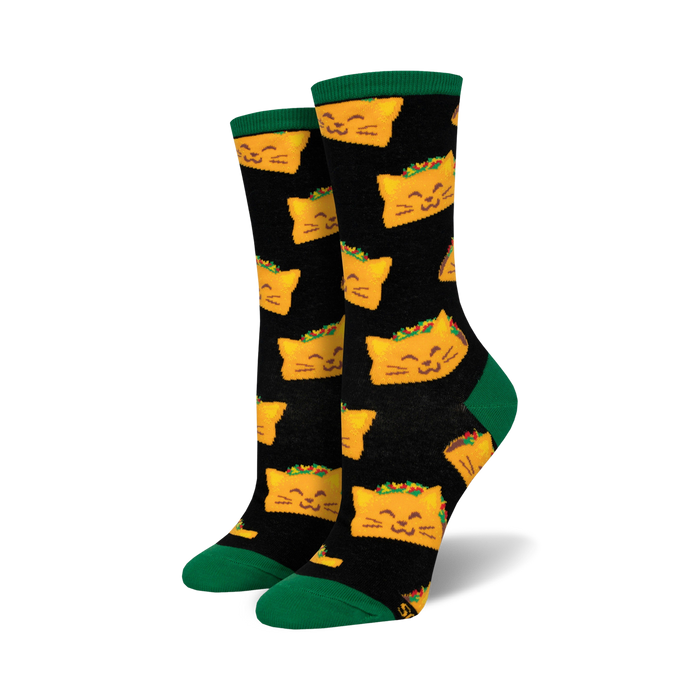 black crew socks for women with an allover pattern of cartoon cats with taco shells for bodies.   }}