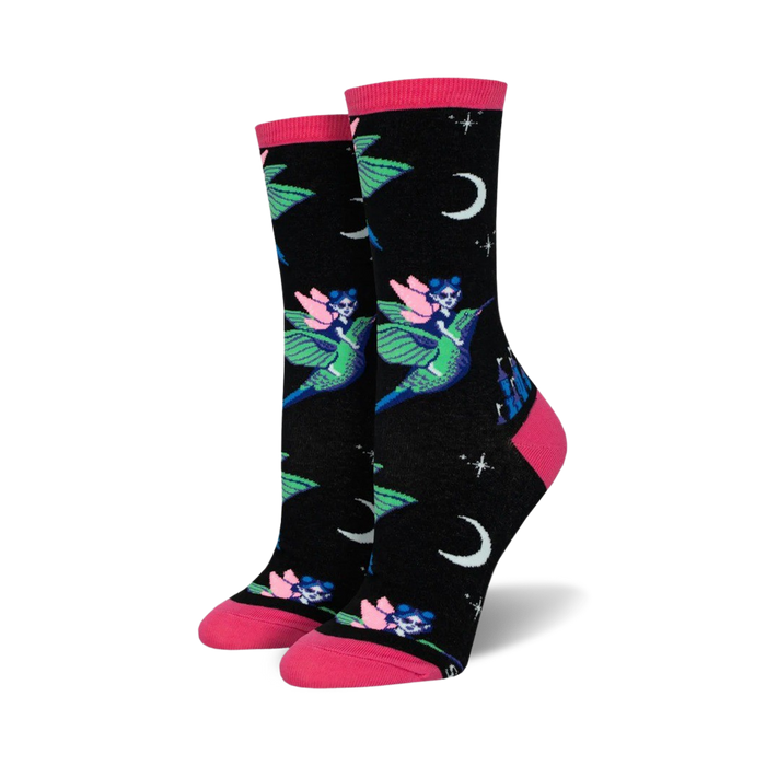 black women's fairy castle crew socks feature whimsical fairies, hummingbirds, and moon pattern   }}