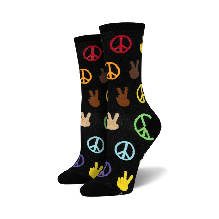 A pair of black crew socks with multicolored peace signs and peace hand gestures. The peace symbols are in red, orange, yellow, green, blue, and purple. }}