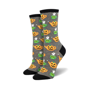Pair of women's crew socks in grey with a pattern of orange pumpkin teapots and little ghosts that say 'boo'.