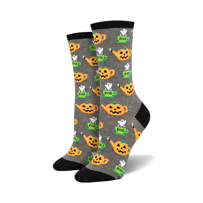 Pair of women's crew socks in grey with a pattern of orange pumpkin teapots and little ghosts that say 'boo'.
