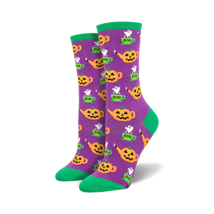 purple novelty halloween socks with pumpkins, ghosts & teapots. perfect for women during the fall season.   