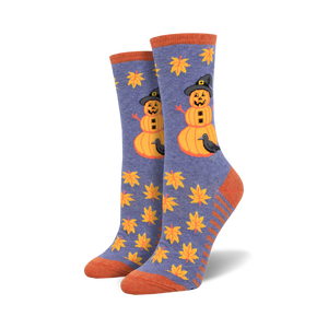Crew socks in purple and orange featuring pumpkin snowmen wearing witch hats, ravens, and autumn leaves.