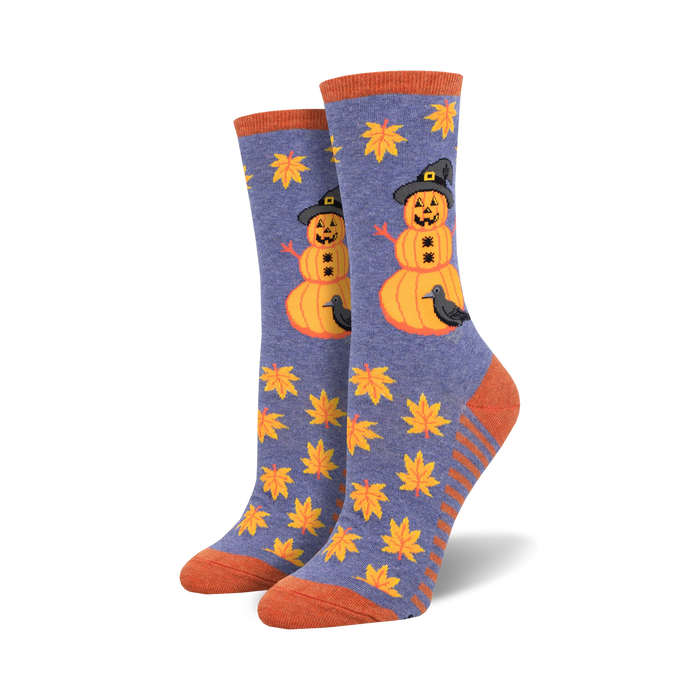 Crew socks in purple and orange featuring pumpkin snowmen wearing witch hats, ravens, and autumn leaves.