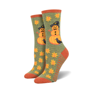 Close-up shot of Pumpkinman socks in olive green showing the detail of the design.
